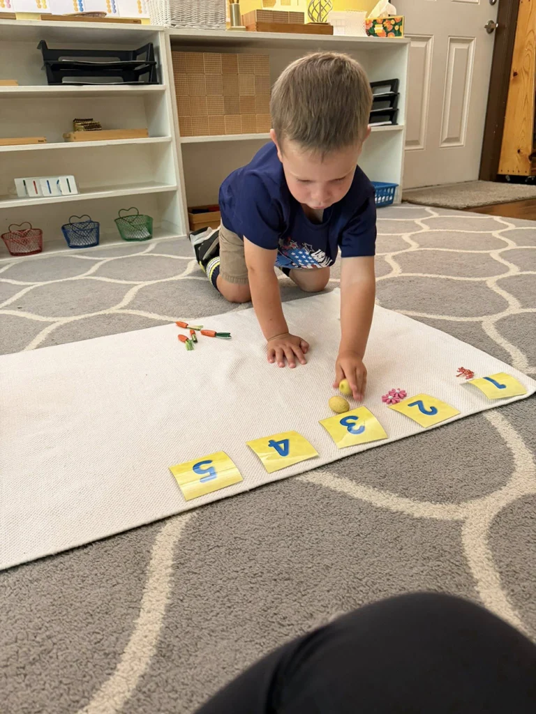Child counting small objects with numbered cards on a classroom mat