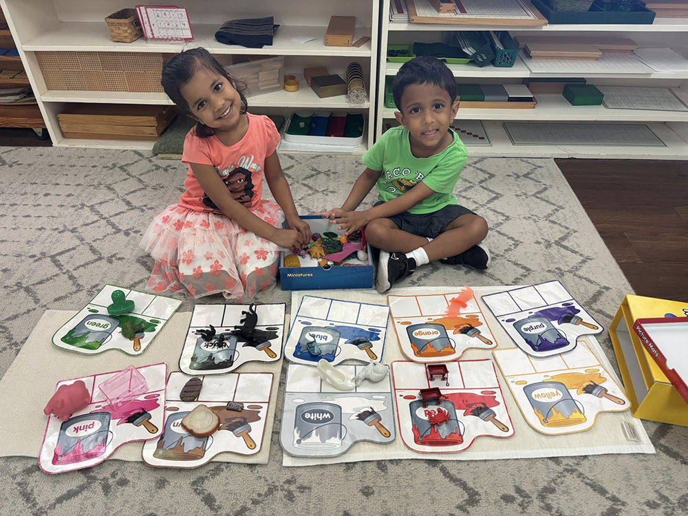 Children sorting objects by color during a Montessori classroom activity